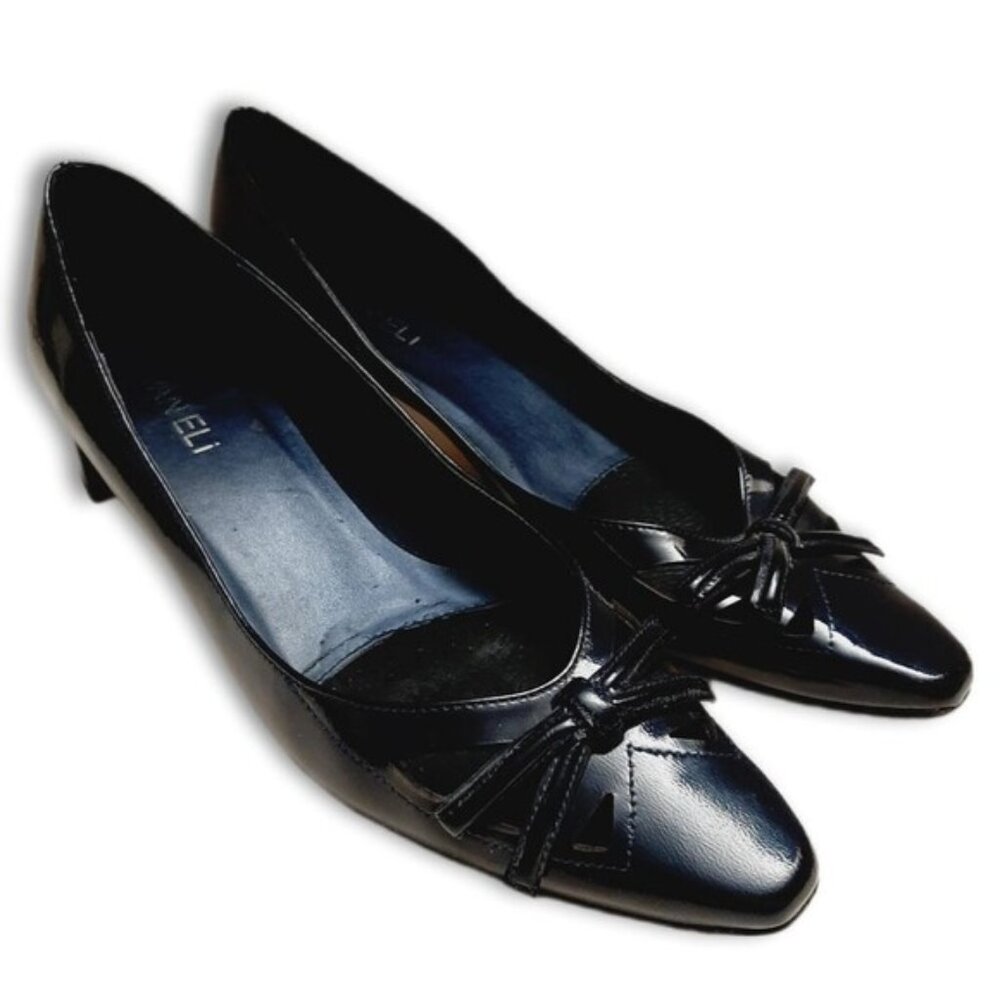 VANELI Bow & Cut-Out Low Heel Navy Blue Patent Genuine Leather Classy Pumps Sz 9